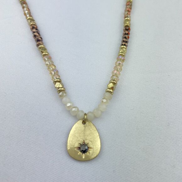 ~ Marlyn Schiff Necklace Beaded Gold Star 2-sided Crystals Neutral Brown Ivory - Picture 11 of 12